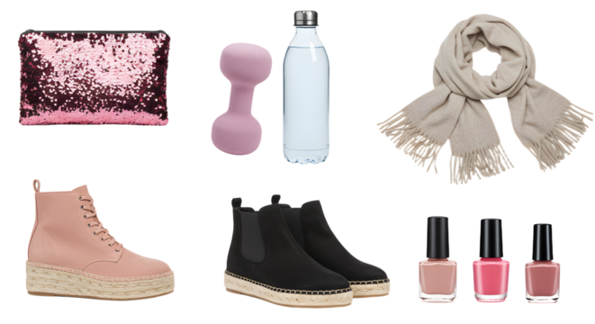 LIFESTYLE - Flat lay of stylish pink accessories including boots, clutch bag, scarf, dumbbell, water bottle, and nail polish set on white background