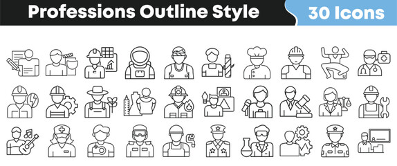 Set of 30 professions outline style icons with modern linear design for career, occupation, and workforce industry concepts