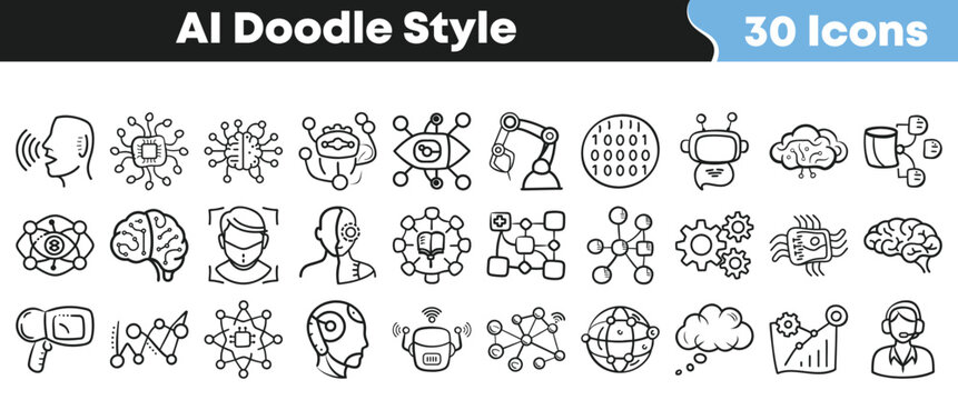 Set of 30 AI doodle style icons with neural networks, robotics, cloud computing, machine learning, and artificial intelligence concepts
