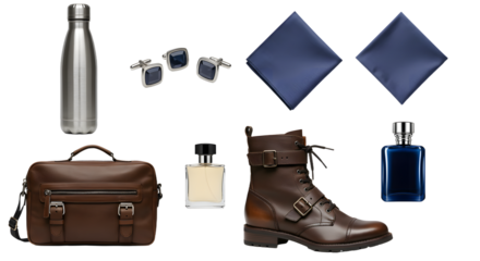 LIFESTYLE - Men's fashion accessories set with leather boots, brown messenger bag, blue cologne bottles, stainless steel water bottle, sunglasses, and blue pocket squares on white background