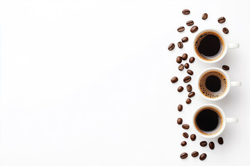 Obraz premium White cups of black coffee sit on a bed of roasted coffee beans, all on a stark white background.