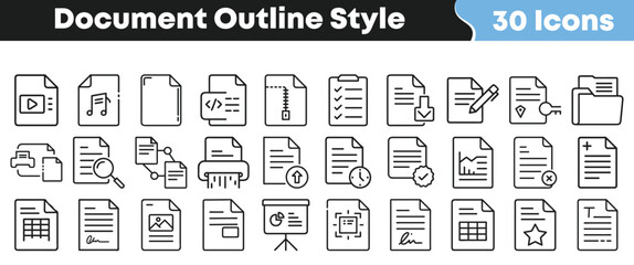 Document outline style icon set with 30 file and folder symbols for media, data, and office applications in editable vector format © Vectoravec