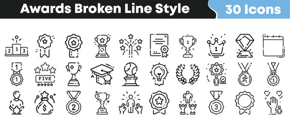 Awards broken line icon set with trophies, medals, ribbons, crowns, certificates, diamonds, laurels, stars, and celebration elements