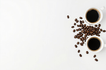 Obraz premium White cups of black coffee sit on a bed of roasted coffee beans, all on a stark white background.