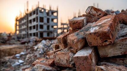 Fototapeta premium Abandoned Construction Site with Piles of Bricks and Concrete Debris at Sunset in Urban Environment
