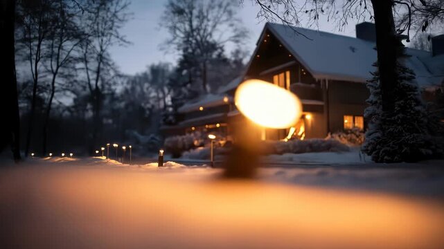 Serene Winter Evening: A Cozy Home Illuminated by Warm Lights Amidst Snowy Landscape, evoking