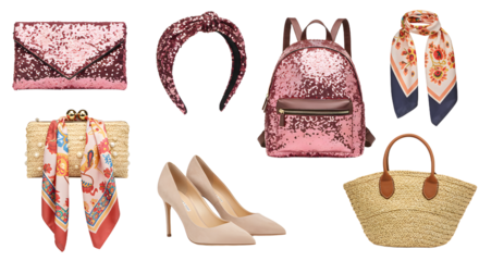 LIFESTYLE - Pink glitter accessories collection with backpack, clutch, headband, high heels, scarves, and straw handbags on white background
