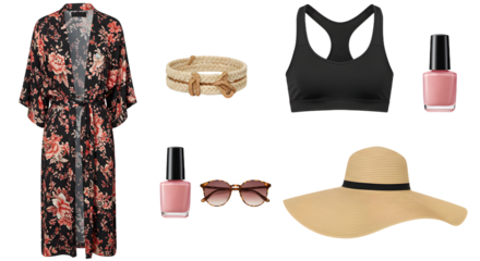LIFESTYLE - Summer beach outfit flat lay featuring floral kimono, wide-brim sun hat, black bikini top, sunglasses, nail polish, and beige belt accessory
