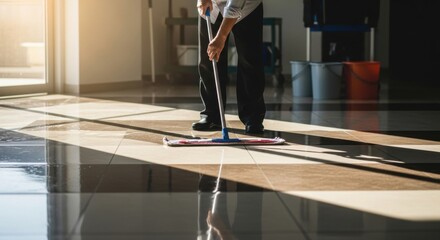 Obraz premium Sunlit Chore: Janitor Mopping a Reflective Tiled Floor with Dramatic Light and Shadow.