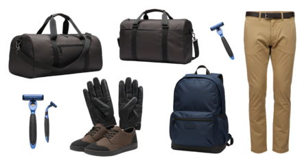LIFESTYLE - Travel essentials including black duffel bags, brown shoes with black gloves, navy blue backpack, men's beige pants, and grooming razors set on white background