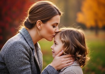 Fototapeta premium Mother Woman Kissing Girl Child Outdoors in Autumn Park