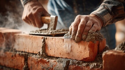 Skilled Masonry Work with Brick and Mortar: Close-Up of a Craftsman's Hands Laying Bricks with Precision and Care