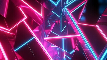 Abstract Geometric Composition with Glowing Neon Triangles in Pink and Blue