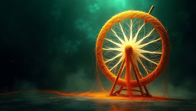 An artistic representation of a charkha spinning wheel made from intertwined threads of saffron, white, and green light, floating in a dark abstract void.
