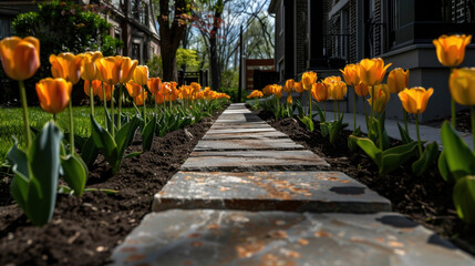 Vibrant pathway lined with blooming orange tulips creates picturesque scene in garden. flowers add cheerful touch to stone walkway, inviting visitors to explore lush surroundings