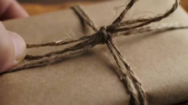 Close-up of hands carefully tying a rustic twine bow around a brown kraft paper package, signifying care and anticipation for a special delivery or heartfelt gift.