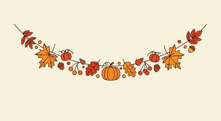 Autumn garland illustration featuring pumpkins, leaves, berries and acorns in a simple design great for fall themes