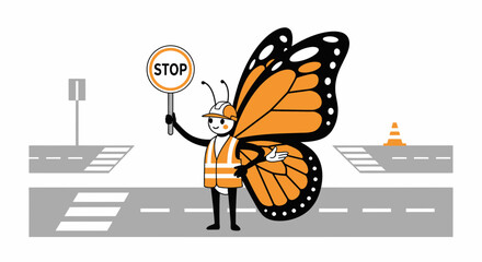 Butterfly Road Worker Directing Traffic with Stop Sign Construction Safety Concept