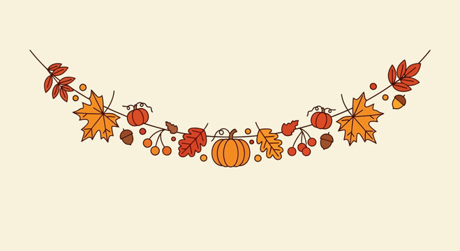 Autumn garland illustration featuring pumpkins, leaves, berries and acorns in a simple design great for fall themes