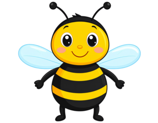 Cartoon-Style Cute Bee with Big Eyes, Front View, Transparent Background