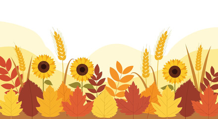 Obraz premium Autumnal Abundance Background Featuring Sunflowers Wheat and Colorful Falling Foliage