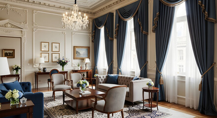 Fototapeta premium Elegant classic living room interior with ornate moldings a crystal chandelier and luxurious blue and beige furniture.
