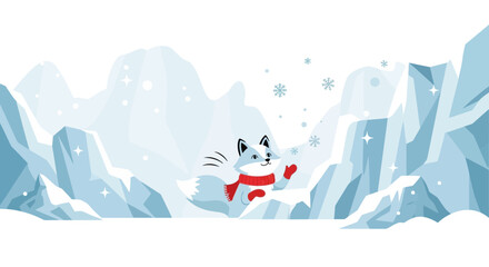 Obraz premium Cartoon arctic fox in winter landscape with snowy mountains and falling snow flakes
