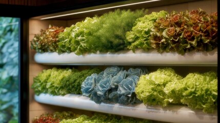 Shelves of fresh green and red leafy vegetables growing in a vertical hydroponic farm