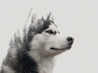 Husky Snowy Winter Adventure Double Exposure Profile Majestic Forest Mountain Landscape Canine Sledding Dog Wildlife Exploration Loyal Fluffy Furry Companion Artistic Beautiful Nature Scene