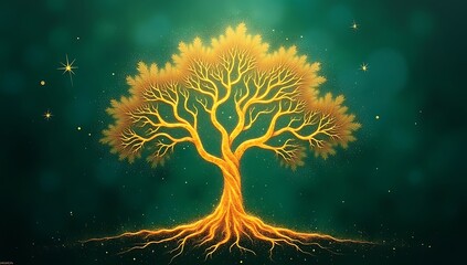 A stylized banyan tree with roots and branches made of golden light filaments, set against a deep emerald abstract background with soft sparkles.
