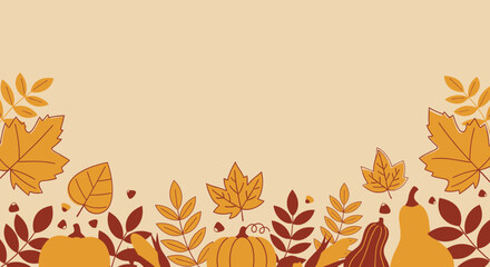 Autumnal Foliage Border With Pumpkins in Earthy Tones Background