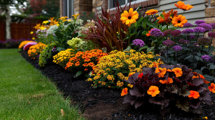 Fototapeta premium Vibrant flower garden featuring variety of colorful blooms including orange, yellow, and purple flowers, arranged neatly along well maintained lawn, creating cheerful and inviting atmosphere