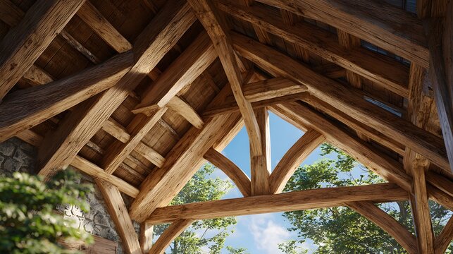 Intricate wooden beams of a historic timber frame structure against a bright sky