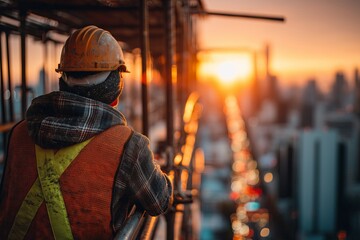 Construction Worker on Scaffolding Overlooking Cityscape at Sunset