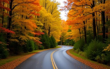 Beautiful look down photograph of a narrow paved road curving through the forest near the with gorgeous yellow, orange, red and green autumn foliage or leaves on the treetops below in Upper Michigan.