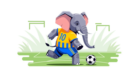 Fototapeta premium Cartoon elephant soccer player dribbling ball on vibrant green field vector illustration