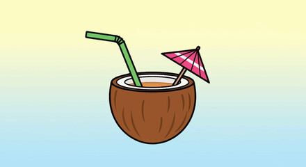 Cartoon illustration of a coconut drink with straw and umbrella inviting vacation vibes and relaxation