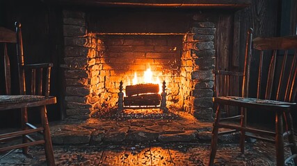 Warmth emanates from fireplace in rustic cabin with wooden rocking chairs for serene winter retreat home comfort escape lifestyle and travel advertisement concept