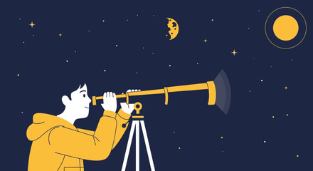 Naklejka premium Boy Gazing At Space Through Telescope During Night Explore Cosmos