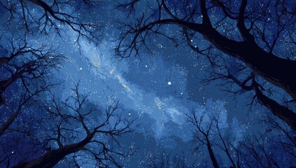Starry night sky viewed from below, through the leafless branches of tall, dark trees. A bright Milky Way is visible