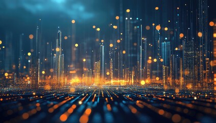 Abstract digital cityscape, glowing lines and points