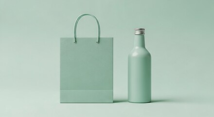 Elegant mint green shopping bag and bottle against soft background
