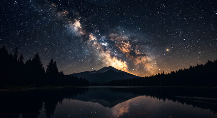 Stunning night scenery showcasing the Milky Way over the mountains and a tranquil lake reflection