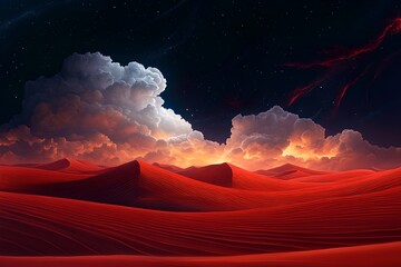 Striking otherworldly desert landscape at sunset with dramatic clouds in shades of orange red and pink against a dark sky