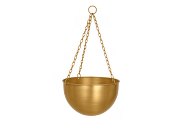 Golden hanging planter with chains on transparent background