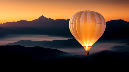 Fototapeta premium A hot air balloon drifts peacefully through the air silhouetted against the vibrant orange and pink hues of the setting sun