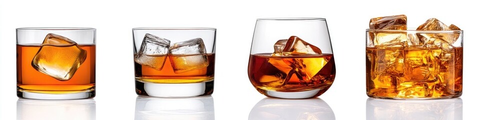 Three glasses of amber-colored liquor with ice