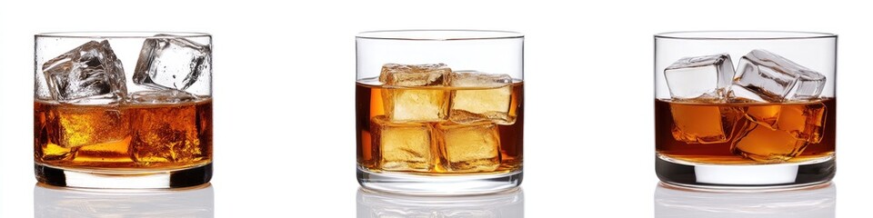Three whiskey glasses filled with ice