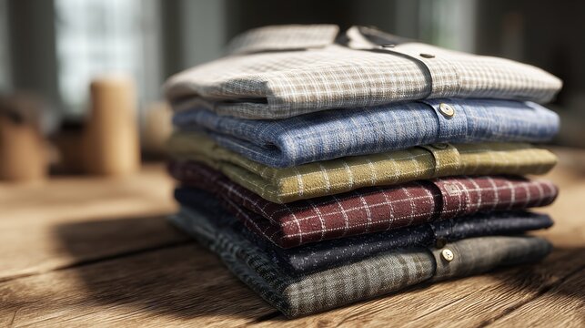 Soft Colorful Shirts Neatly Stacked on a Wooden