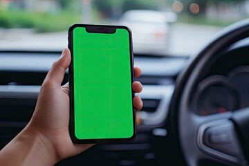 Hand holding a smartphone with a green screen in a car